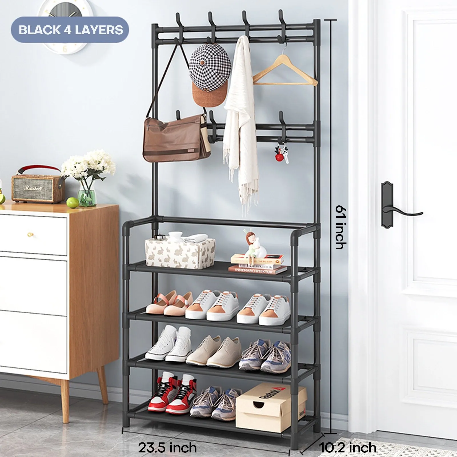 3 in 1 Coat Rack 4-Tier Shoe Shelf 16 Hooks Free Standing Hall Tree