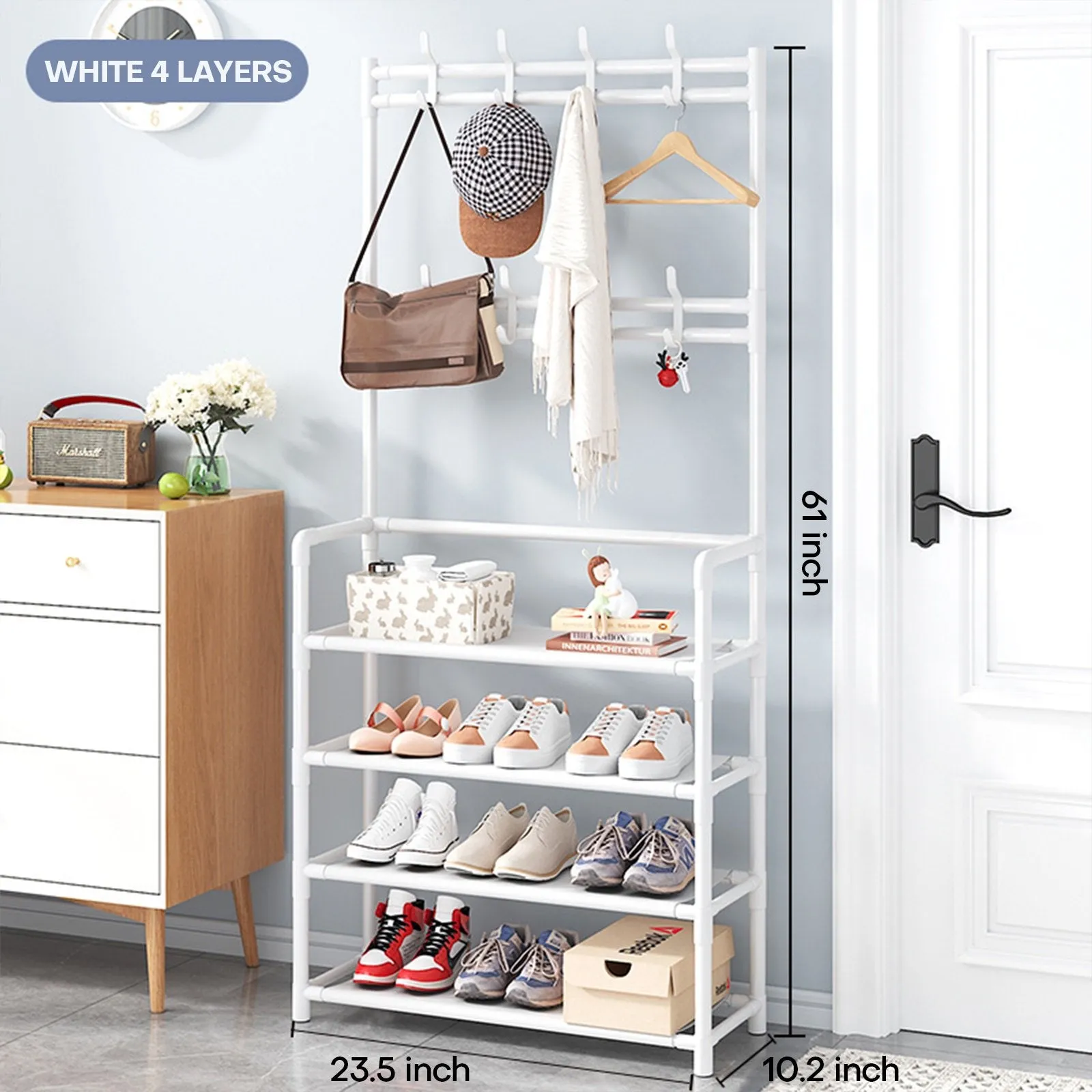 3 in 1 Coat Rack 4-Tier Shoe Shelf 16 Hooks Free Standing Hall Tree