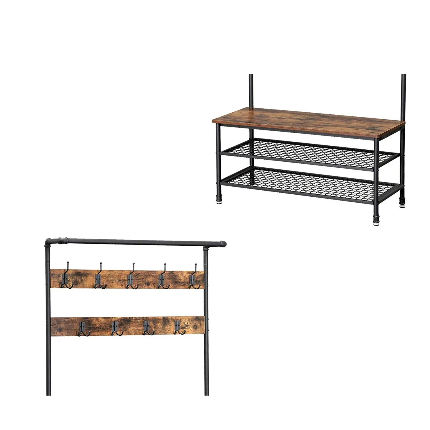 72 Inch Industrial Metal Coat Rack, Wood Bench, Two Wire Mesh Shelves, Rustic Brown, Black