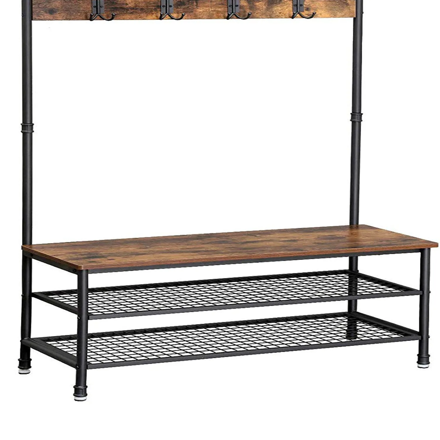 72 Inch Industrial Metal Coat Rack, Wood Bench, Two Wire Mesh Shelves, Rustic Brown, Black