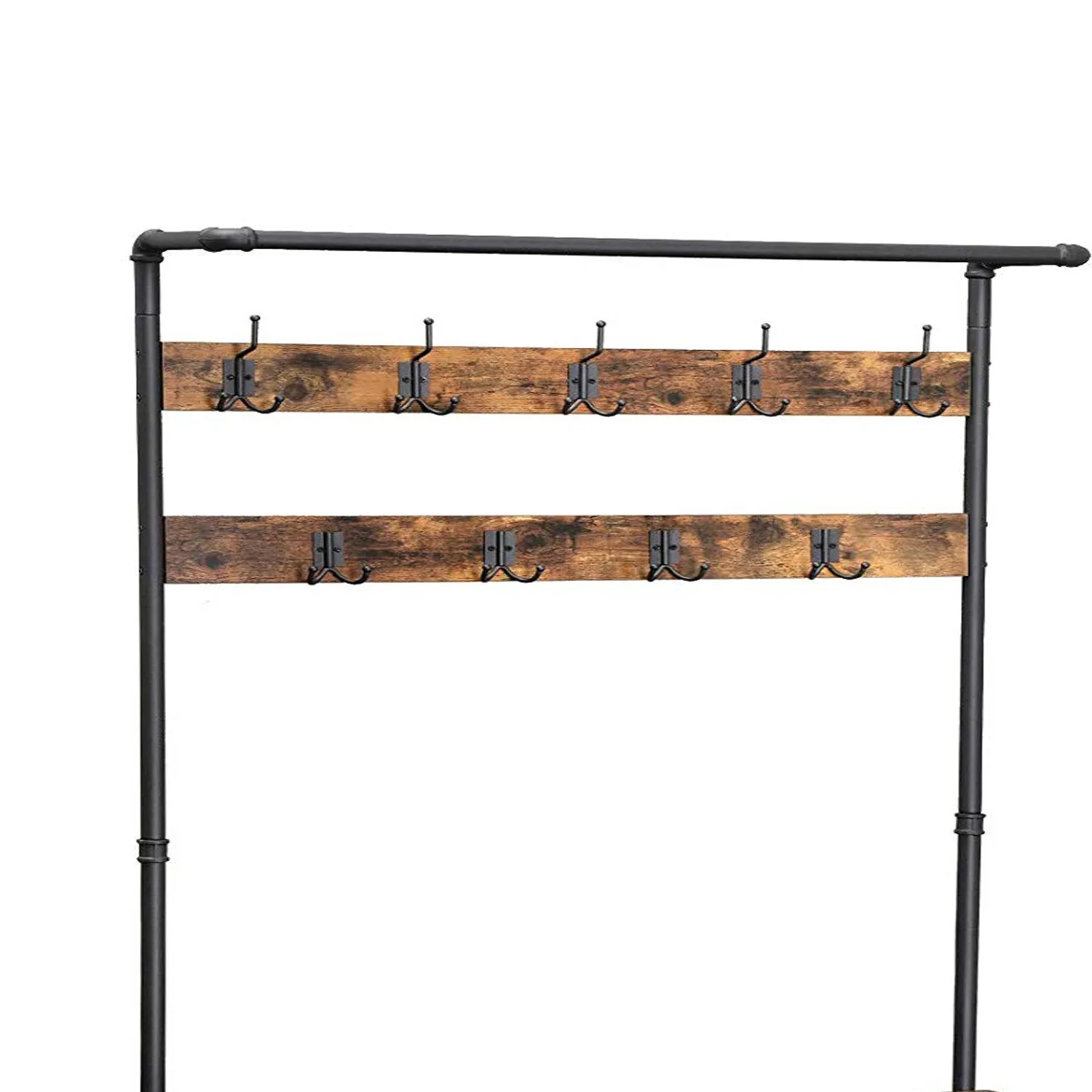 72 Inch Industrial Metal Coat Rack, Wood Bench, Two Wire Mesh Shelves, Rustic Brown, Black