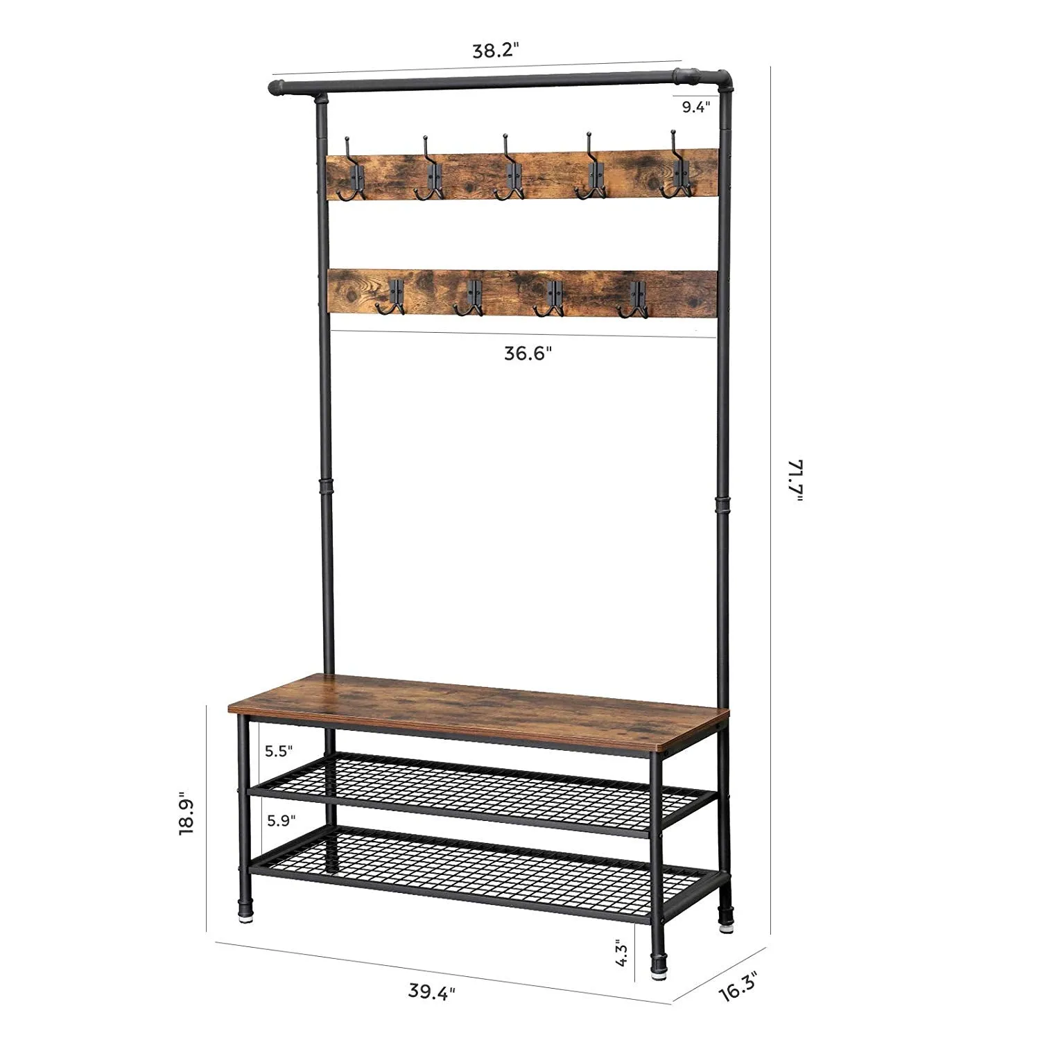 72 Inch Industrial Metal Coat Rack, Wood Bench, Two Wire Mesh Shelves, Rustic Brown, Black