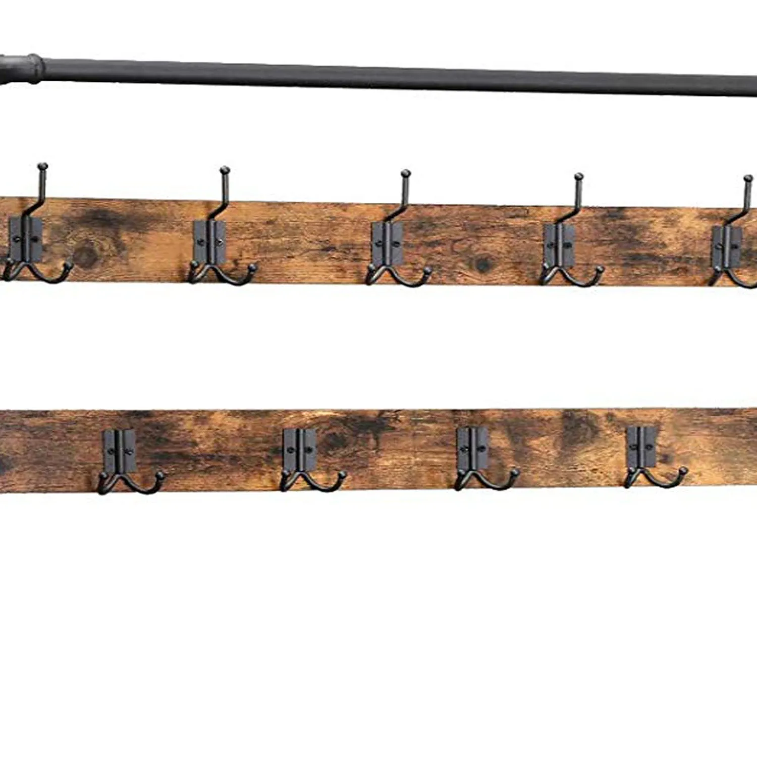 72 Inch Industrial Metal Coat Rack, Wood Bench, Two Wire Mesh Shelves, Rustic Brown, Black