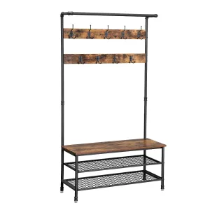 72 Inch Industrial Metal Coat Rack, Wood Bench, Two Wire Mesh Shelves, Rustic Brown, Black
