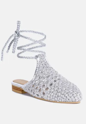 BARTSI Silver Handwoven Tie Up Flat Mules