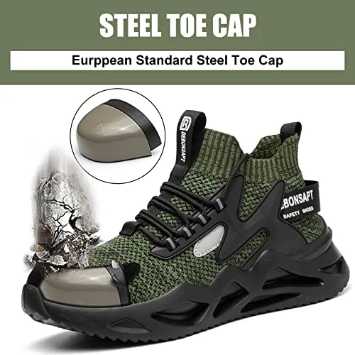 DEBONSAPT Steel Toe Shoes for Men Women Lightweight Safety Breathable Work Shoes Slip-Resistant Sneakers Reflective Indestructible Industria Construction Shoes Green 4.5