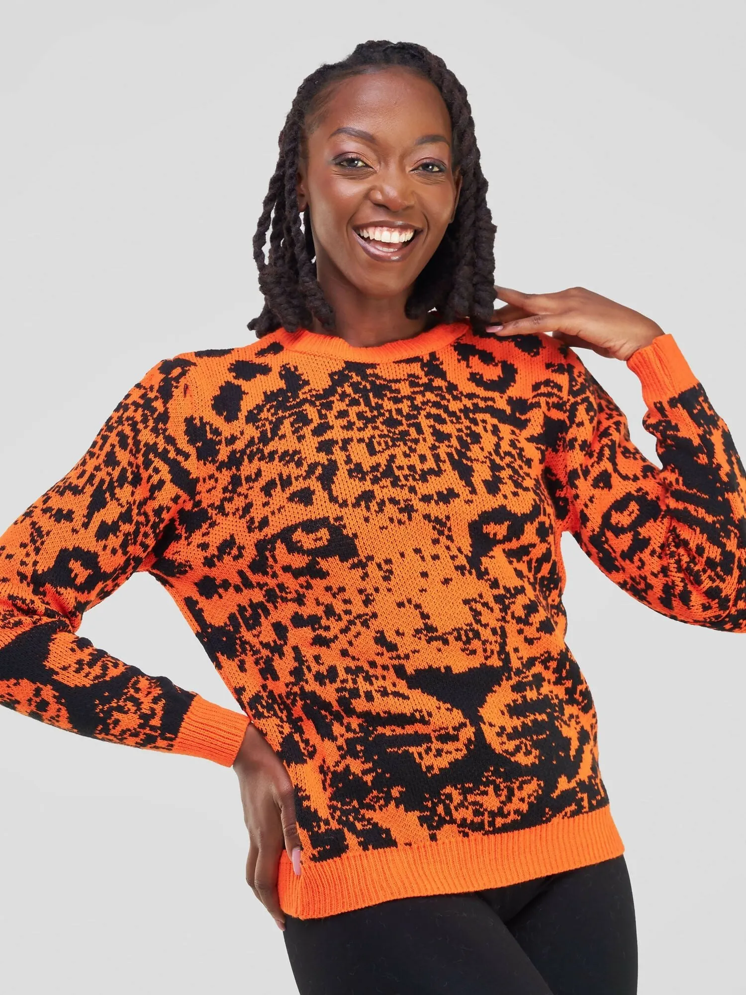 Fancy Warm Lion Image Print Sweater - Orange / Black