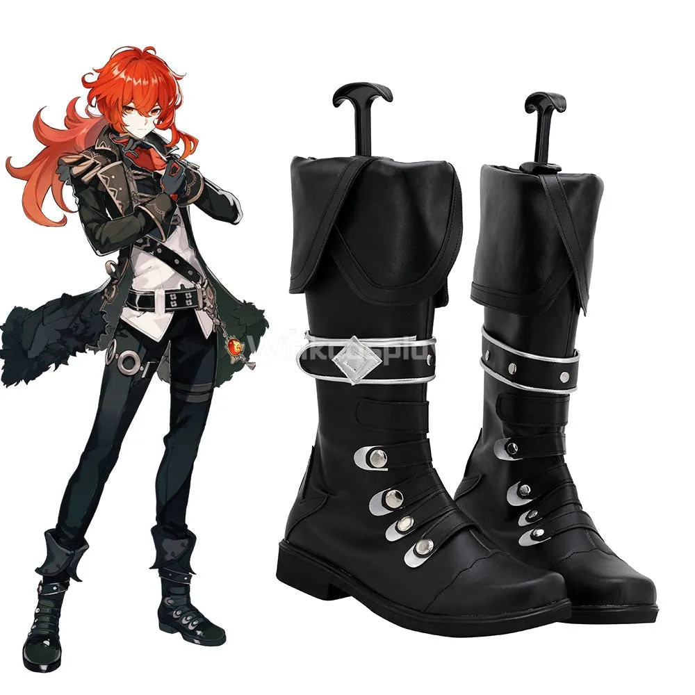Genshin Impact Diluc Black Shoes Cosplay Boots
