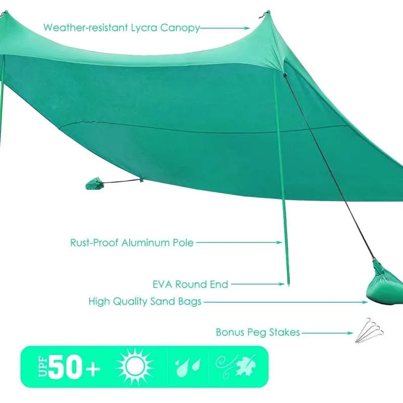 GrandShoppersHub  10 FT x 9 FT Family Beach Tent Canopy Outdoor Sunshade with 4 Poles Sandbag Anchors