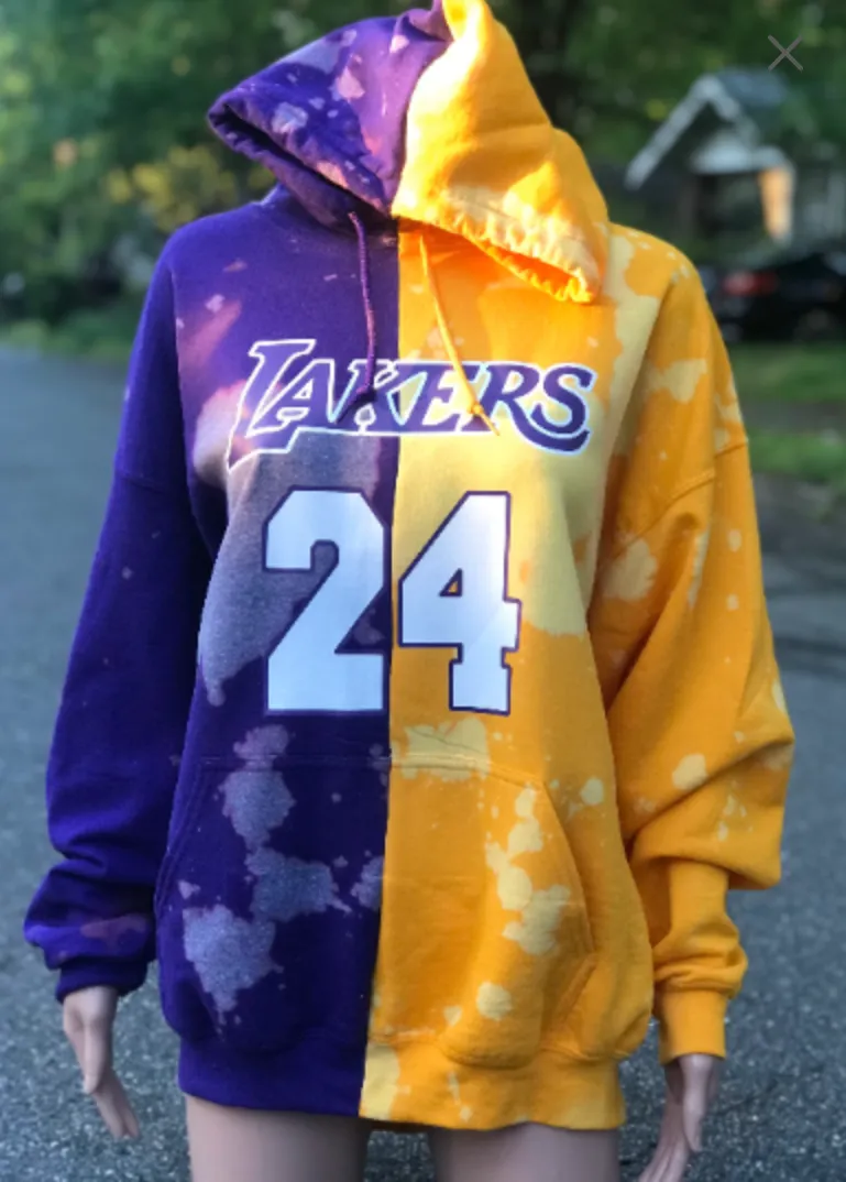 Handmade Los Angeles Lakers 24 Bleached Half and Half Purple Yellow Hooded Sweatshirt with Pockets