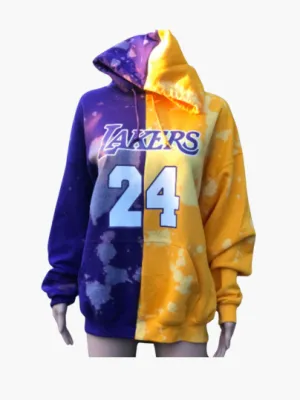 Handmade Los Angeles Lakers 24 Bleached Half and Half Purple Yellow Hooded Sweatshirt with Pockets