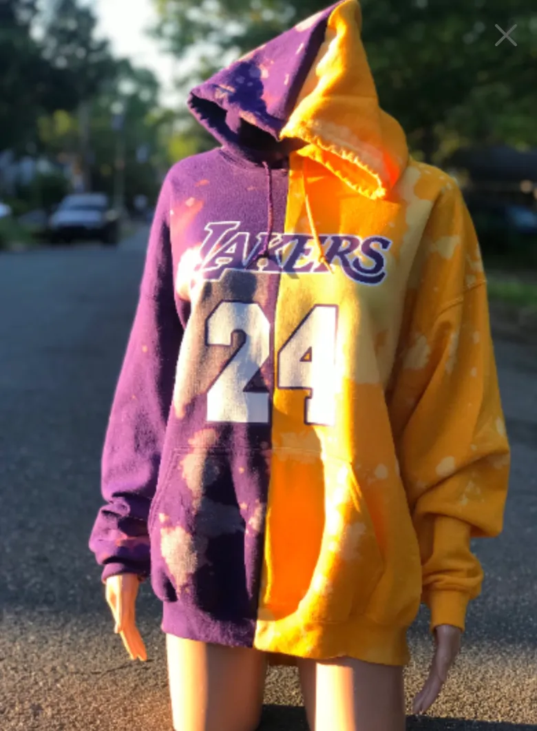 Handmade Los Angeles Lakers 24 Bleached Half and Half Purple Yellow Hooded Sweatshirt with Pockets