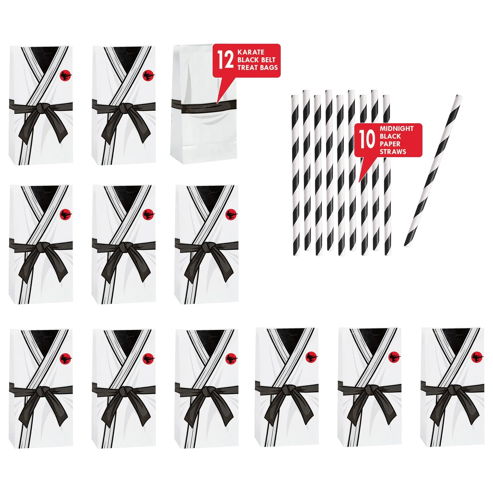 Karate Party Supplies - Treat Bags with Striped Paper Straws for 12 Guests