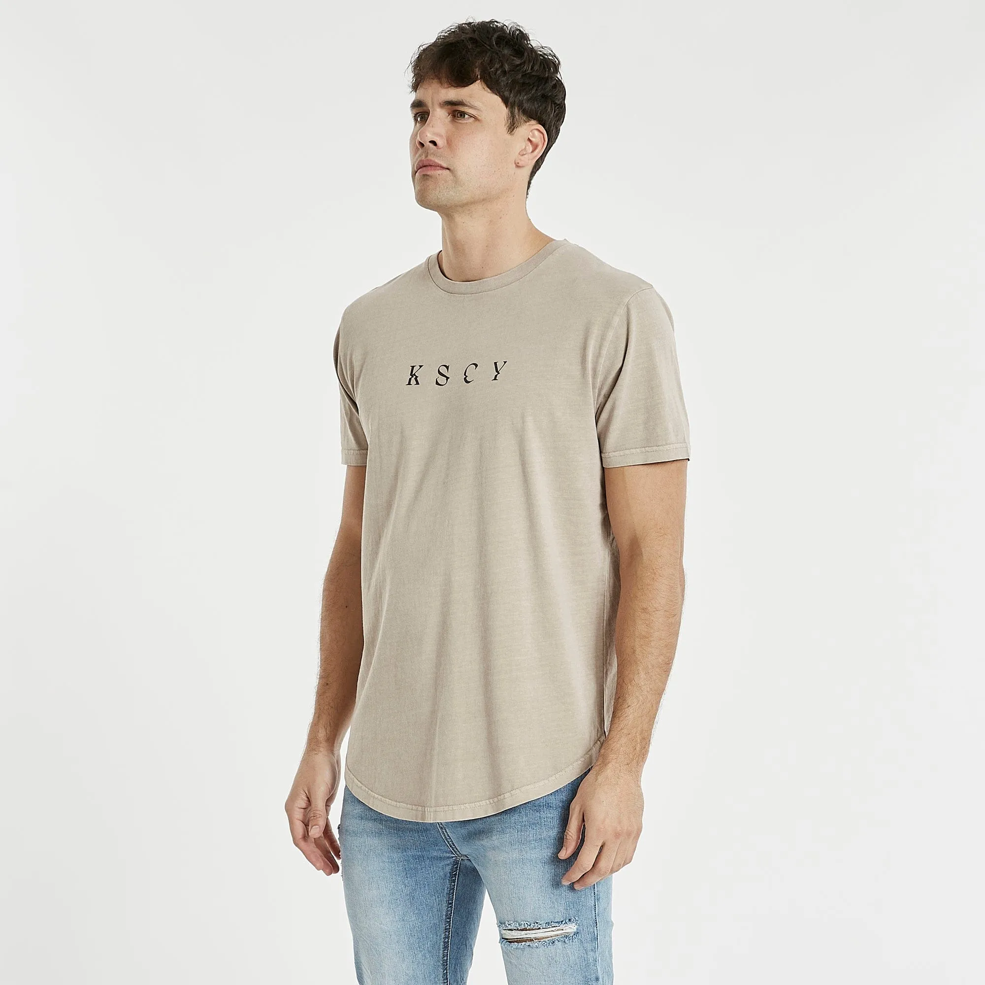 KISS CHACEY Mens Montercy Dual Curved Hem Tee Shirt - Pigment Warm Grey