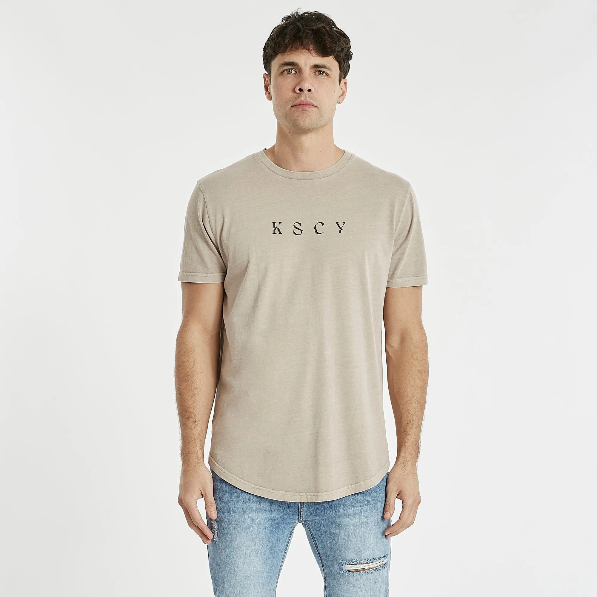 KISS CHACEY Mens Montercy Dual Curved Hem Tee Shirt - Pigment Warm Grey