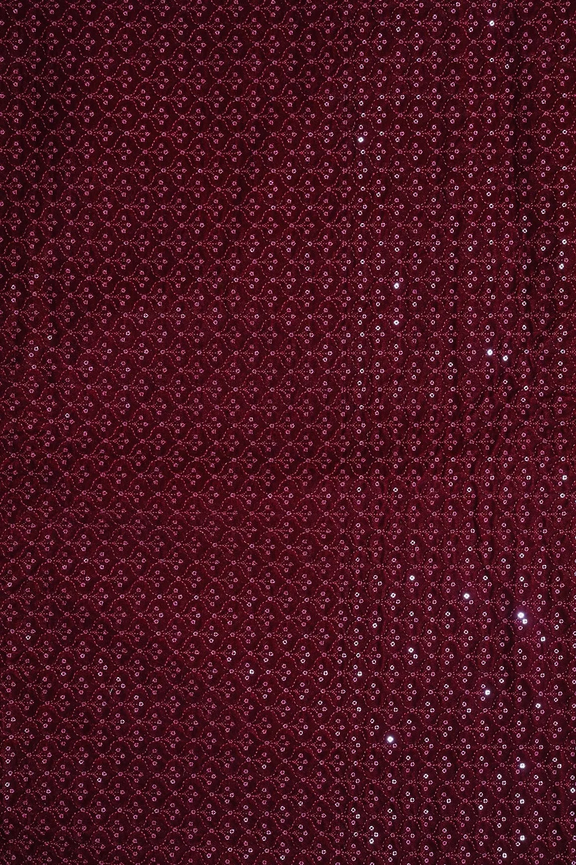 Maroon Thread With Sequins Small Ogee Embroidery Work On Maroon Velvet Fabric