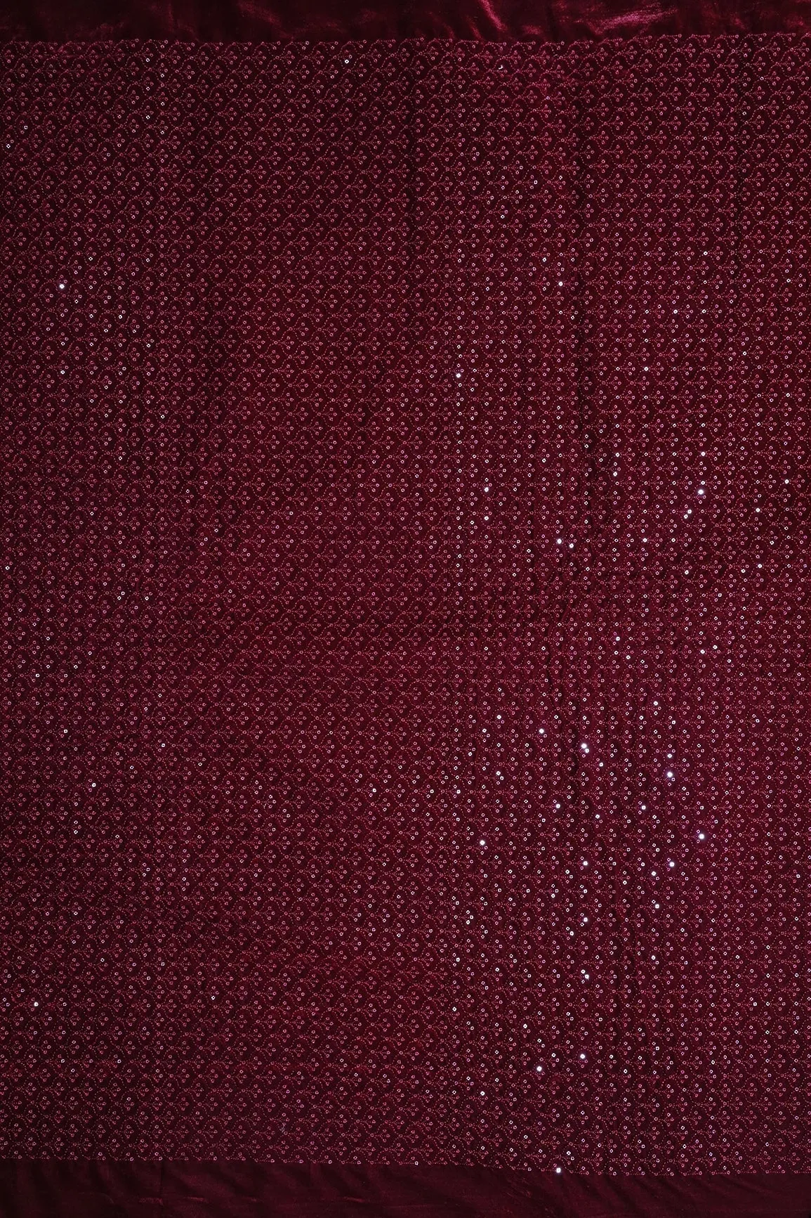 Maroon Thread With Sequins Small Ogee Embroidery Work On Maroon Velvet Fabric
