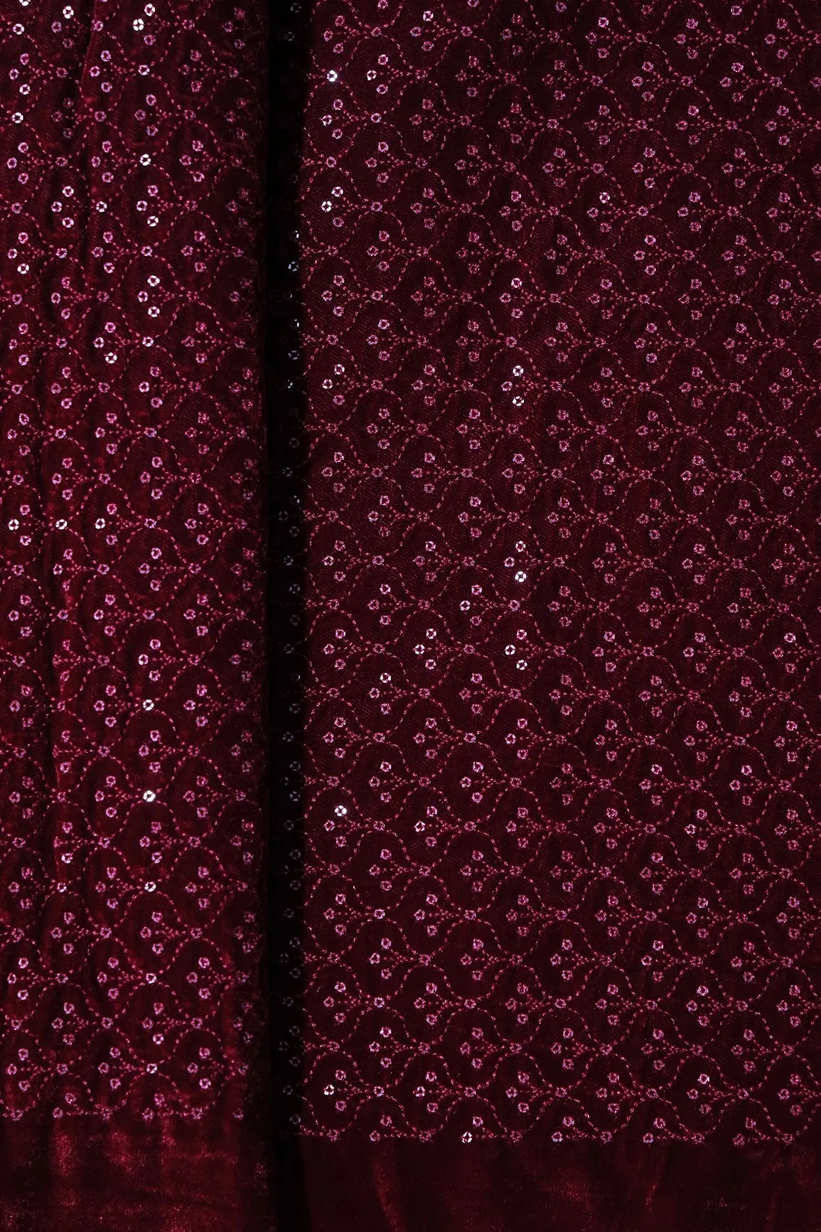 Maroon Thread With Sequins Small Ogee Embroidery Work On Maroon Velvet Fabric