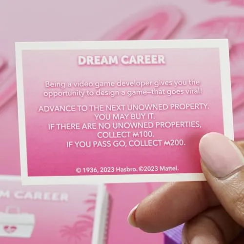 Monopoly: Barbie Edition Board Game, Ages 8 , 2-6 Players, Fun Family Games for Kids and Adults, with 6 Barbie-Themed Pink Zinc Tokens, Kids Gifts