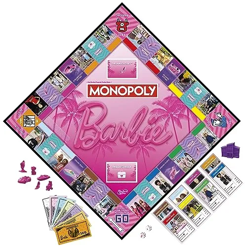 Monopoly: Barbie Edition Board Game, Ages 8 , 2-6 Players, Fun Family Games for Kids and Adults, with 6 Barbie-Themed Pink Zinc Tokens, Kids Gifts