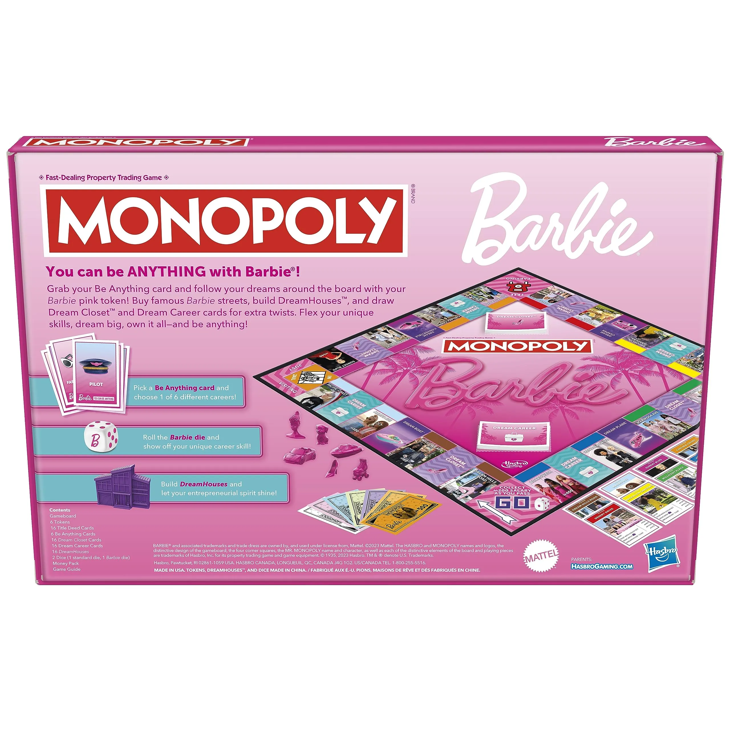 Monopoly: Barbie Edition Board Game, Ages 8 , 2-6 Players, Fun Family Games for Kids and Adults, with 6 Barbie-Themed Pink Zinc Tokens, Kids Gifts