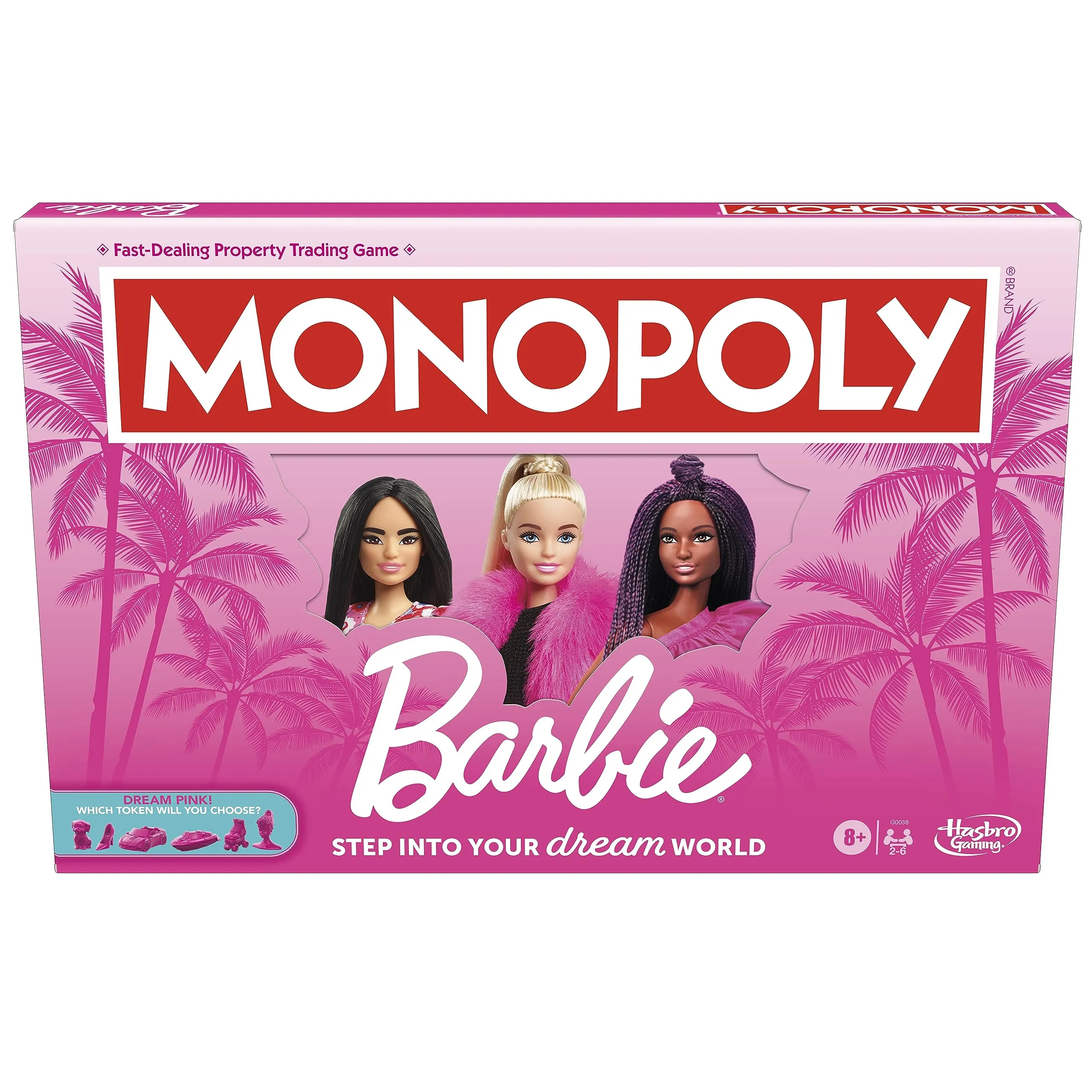 Monopoly: Barbie Edition Board Game, Ages 8 , 2-6 Players, Fun Family Games for Kids and Adults, with 6 Barbie-Themed Pink Zinc Tokens, Kids Gifts