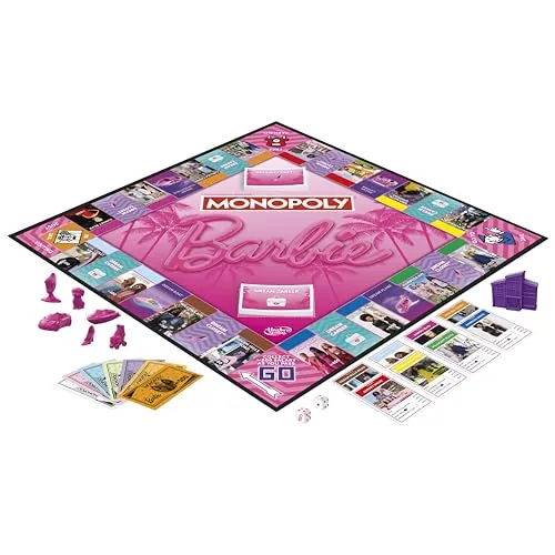 Monopoly: Barbie Edition Board Game, Ages 8 , 2-6 Players, Fun Family Games for Kids and Adults, with 6 Barbie-Themed Pink Zinc Tokens, Kids Gifts