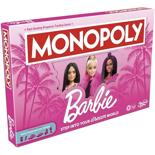 Monopoly: Barbie Edition Board Game, Ages 8 , 2-6 Players, Fun Family Games for Kids and Adults, with 6 Barbie-Themed Pink Zinc Tokens, Kids Gifts