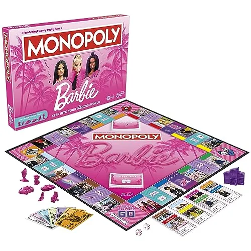 Monopoly: Barbie Edition Board Game, Ages 8 , 2-6 Players, Fun Family Games for Kids and Adults, with 6 Barbie-Themed Pink Zinc Tokens, Kids Gifts