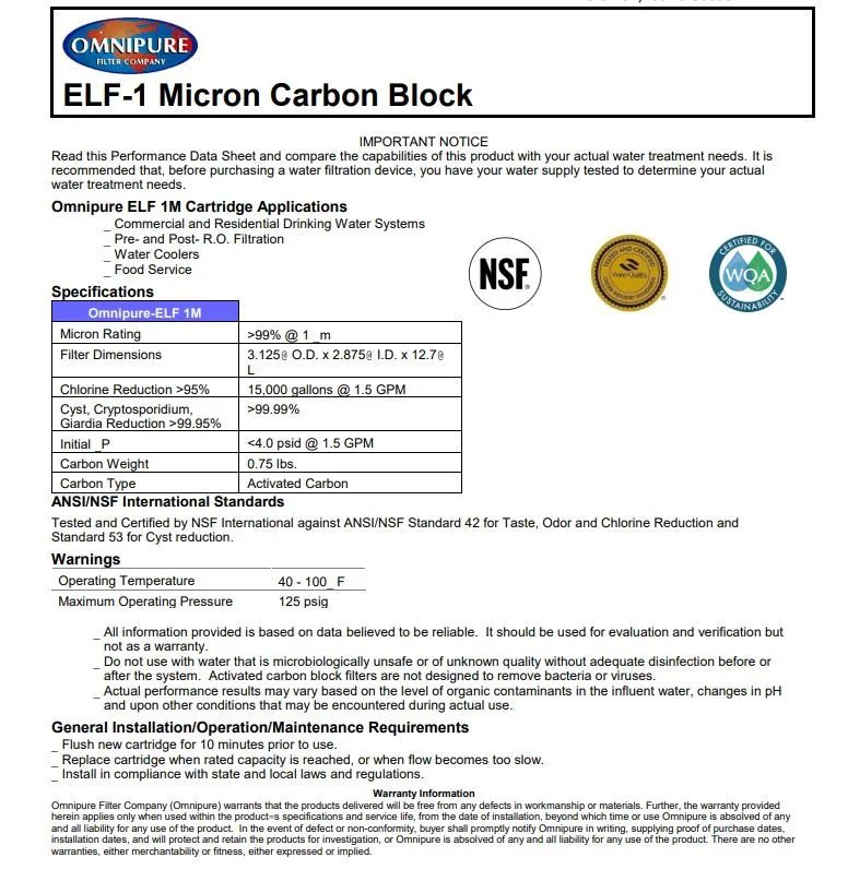 Omnipure ELF-1M 1 Micron Carbon Block Lead Reduction Replacement Filter
