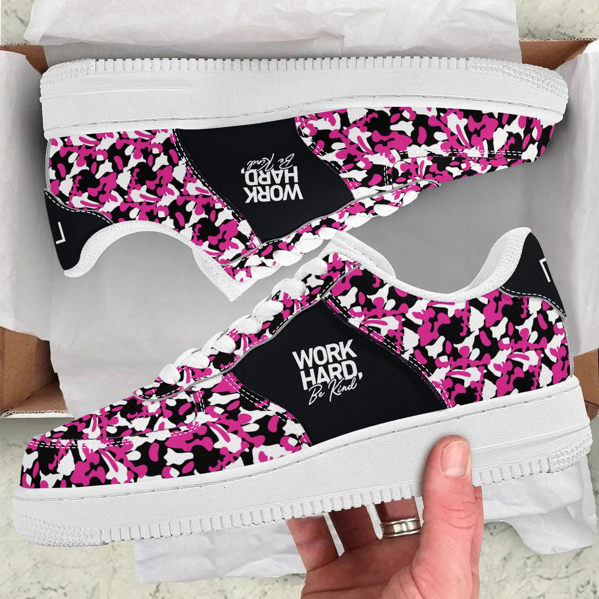 Pink & Black Camouflage Work Hard Be Kind Unisex Air Force Sneakers