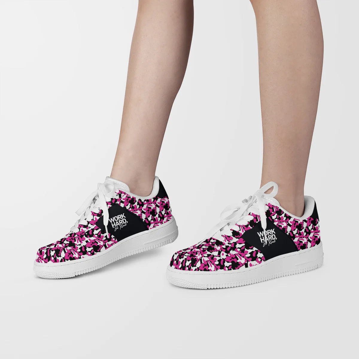 Pink & Black Camouflage Work Hard Be Kind Unisex Air Force Sneakers