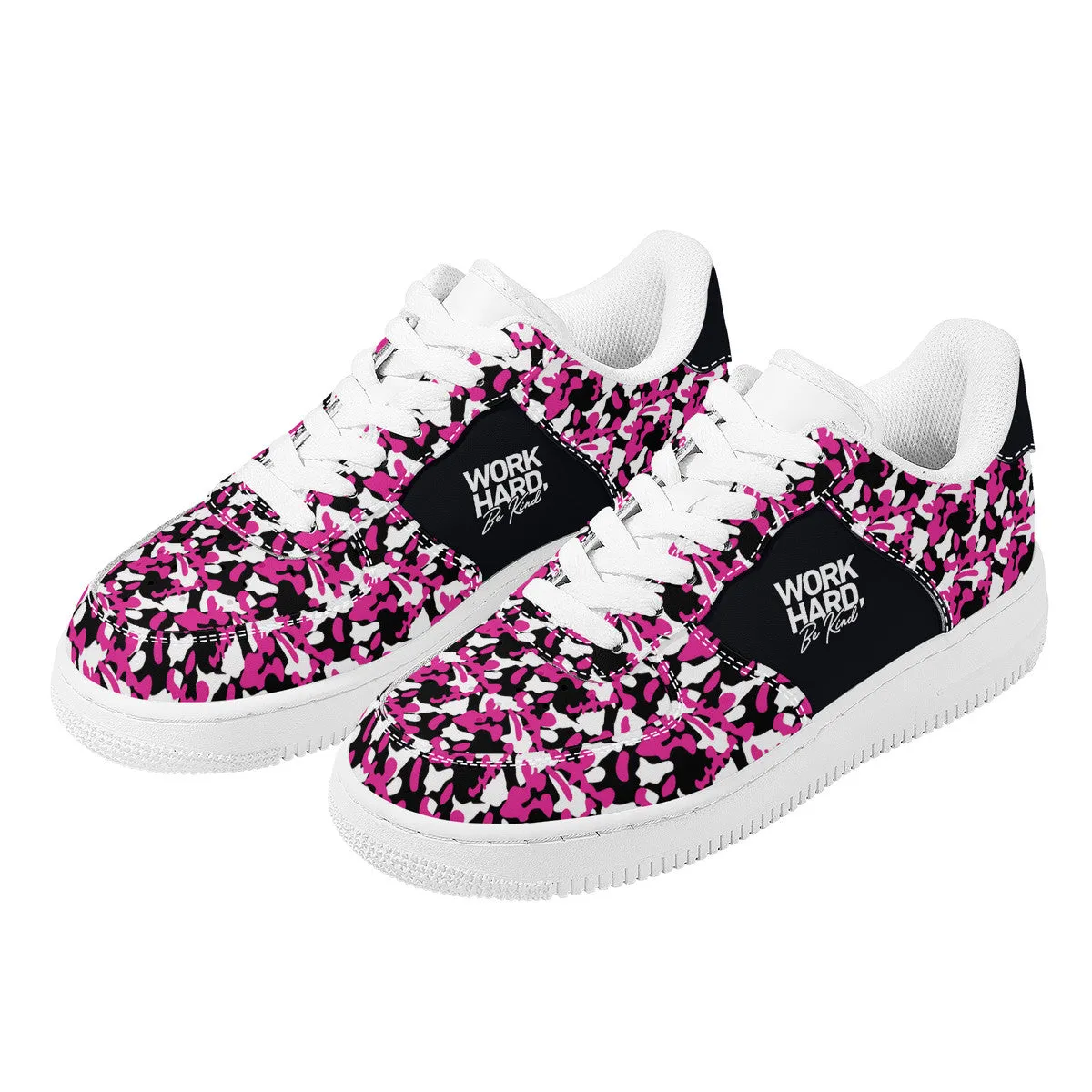 Pink & Black Camouflage Work Hard Be Kind Unisex Air Force Sneakers
