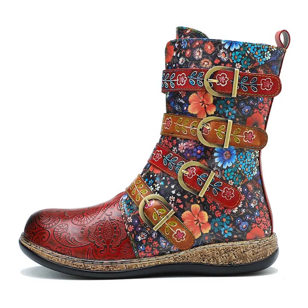 Retro Boots Women Floral Hand Painted Booties