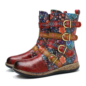 Retro Boots Women Floral Hand Painted Booties