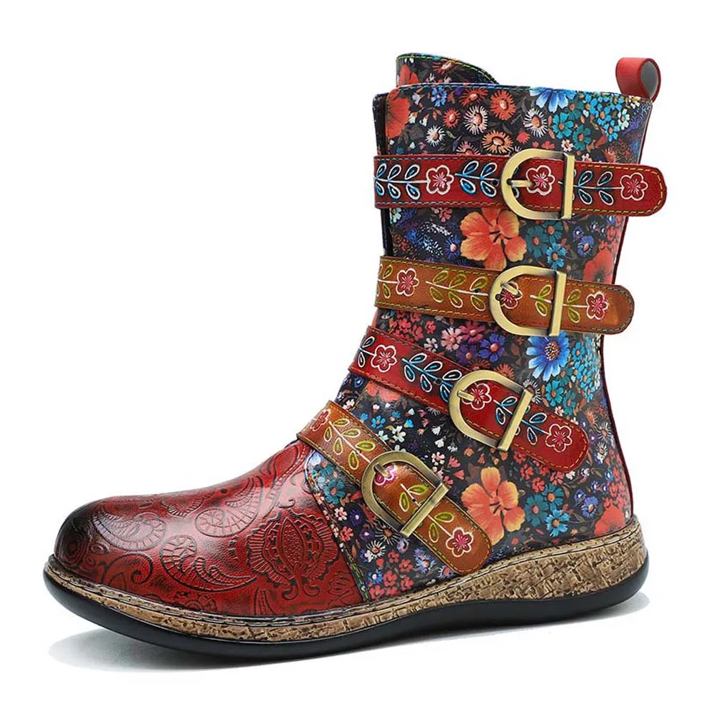 Retro Boots Women Floral Hand Painted Booties