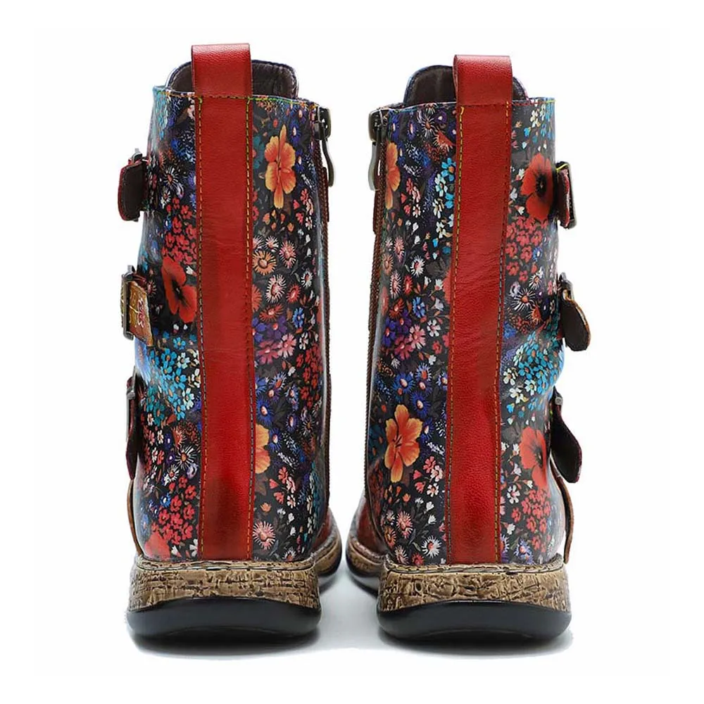 Retro Boots Women Floral Hand Painted Booties
