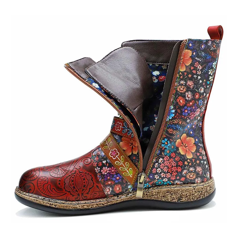 Retro Boots Women Floral Hand Painted Booties