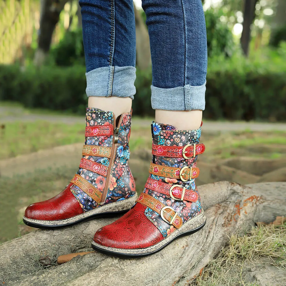 Retro Boots Women Floral Hand Painted Booties