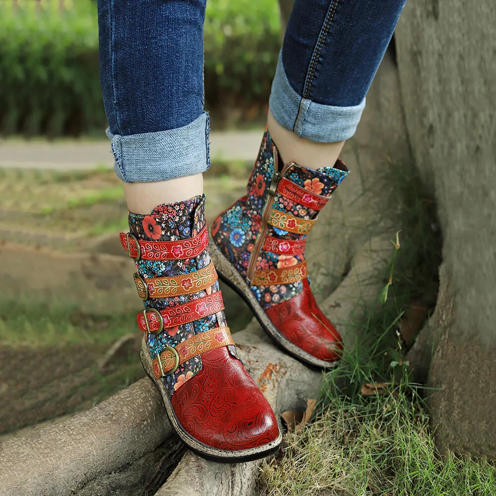 Retro Boots Women Floral Hand Painted Booties
