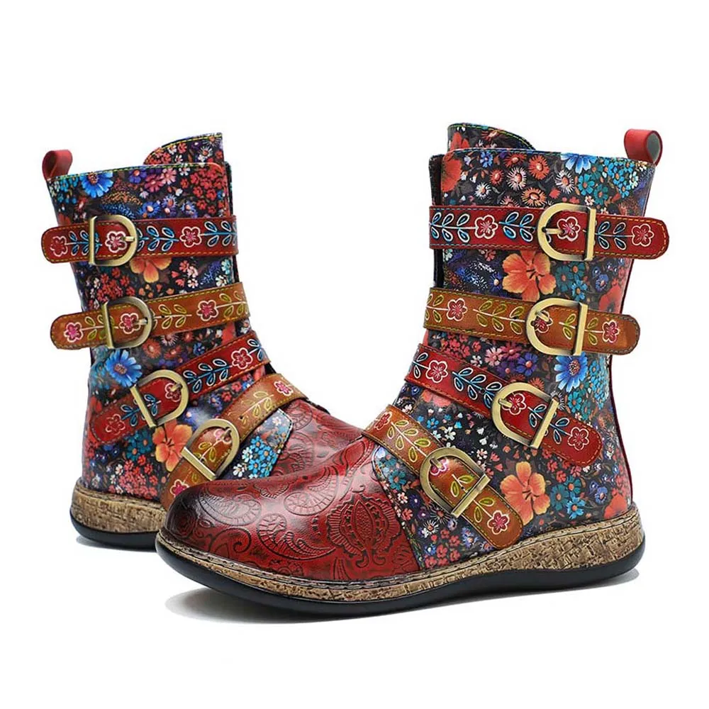Retro Boots Women Floral Hand Painted Booties