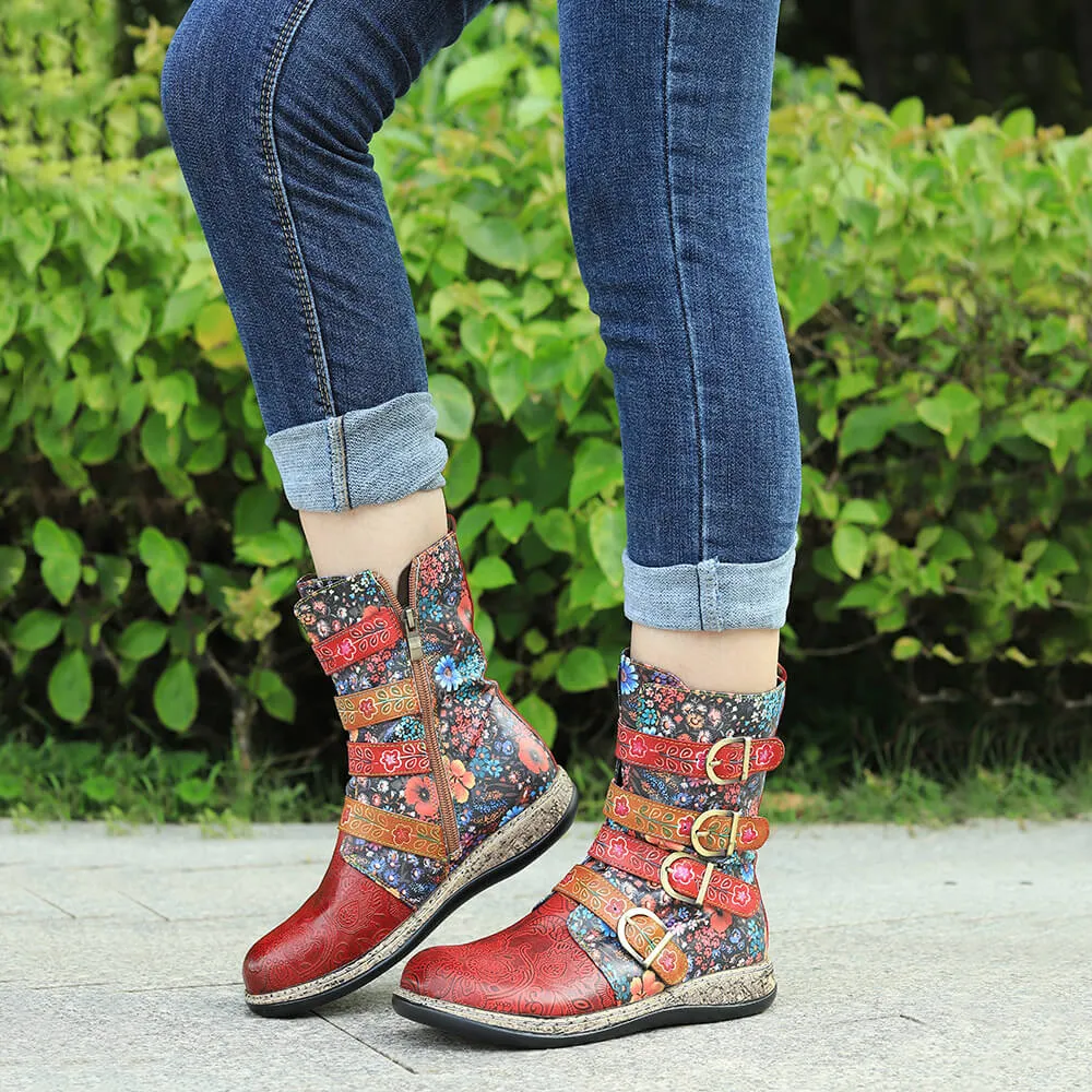 Retro Boots Women Floral Hand Painted Booties