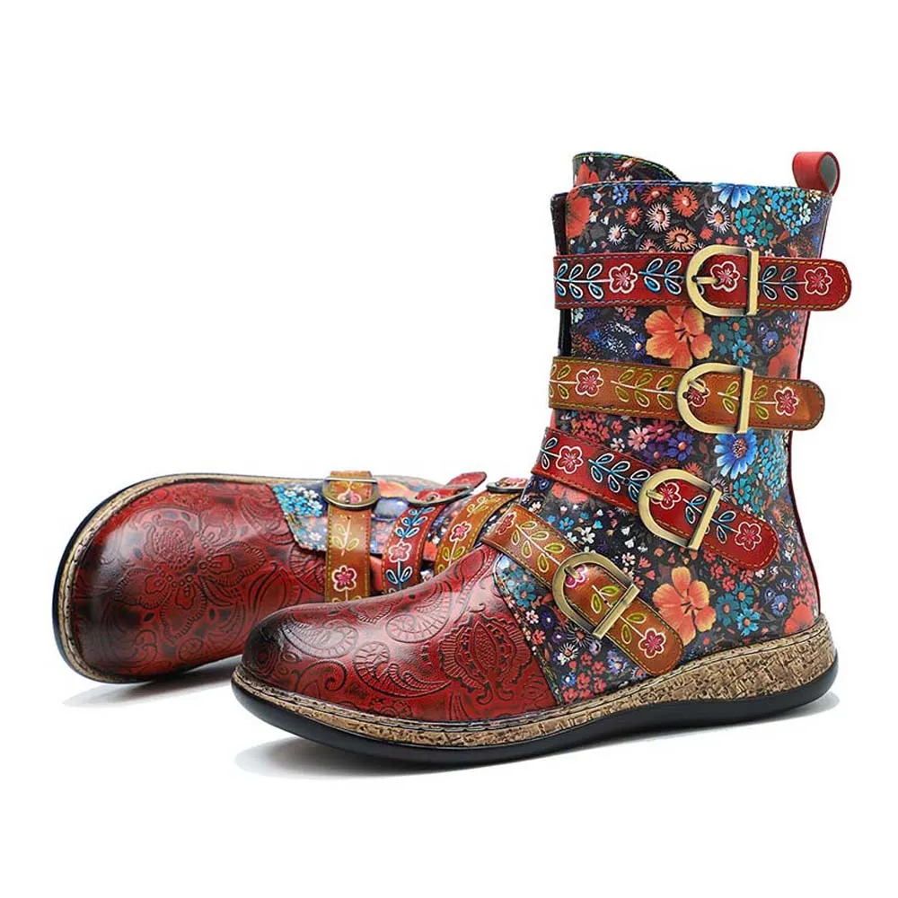 Retro Boots Women Floral Hand Painted Booties