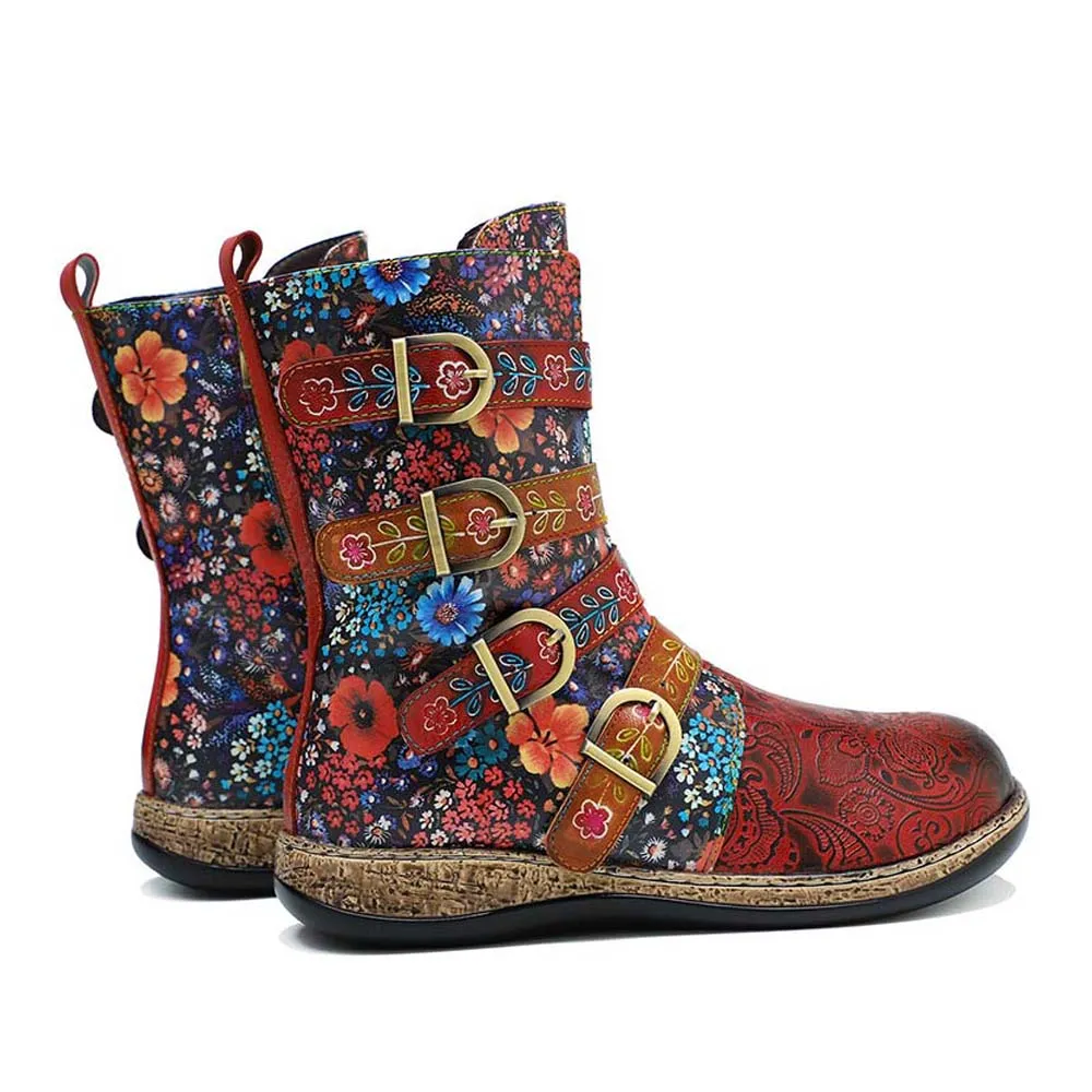 Retro Boots Women Floral Hand Painted Booties