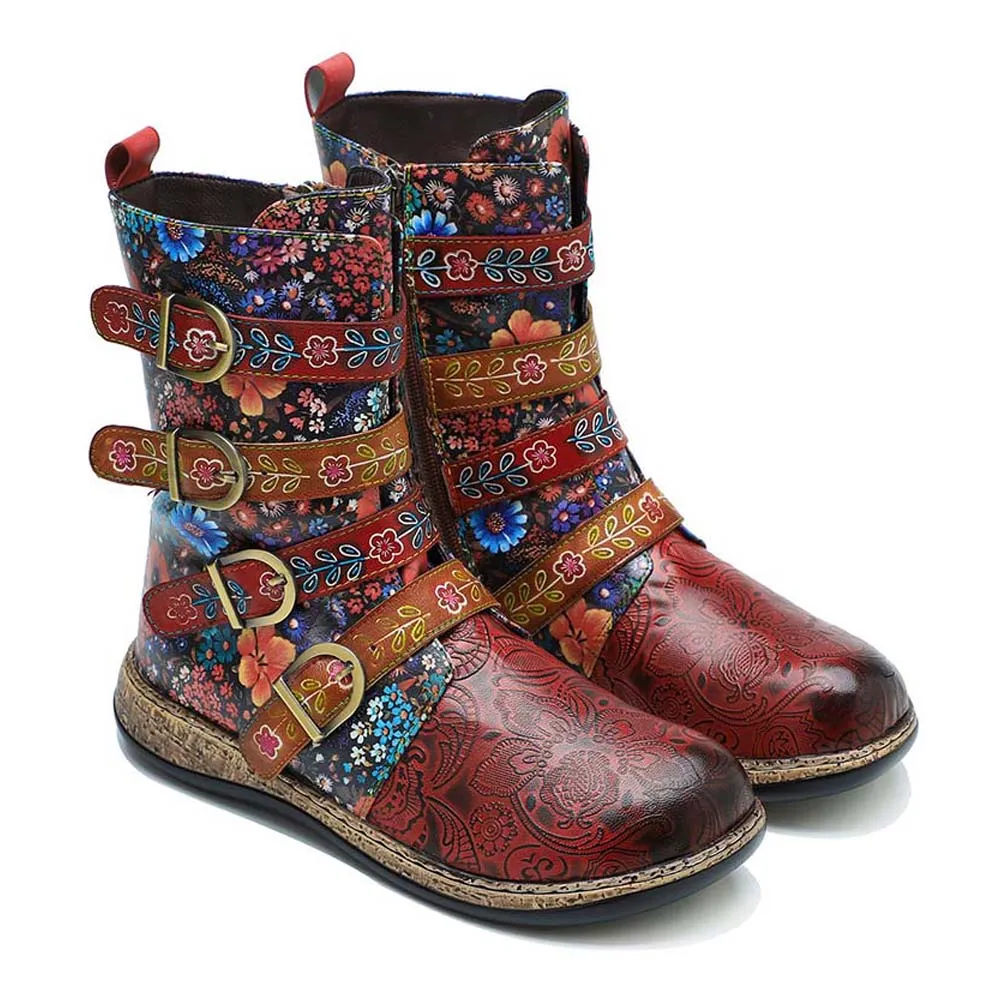Retro Boots Women Floral Hand Painted Booties