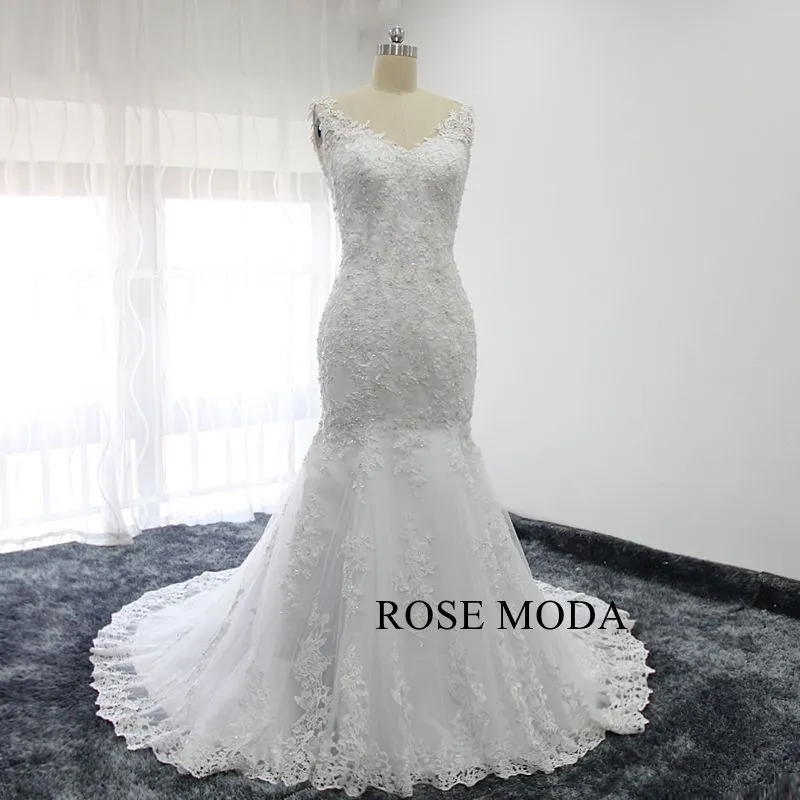 Rosemoda Beaded Lace Mermaid Wedding Dress With Illusion Back