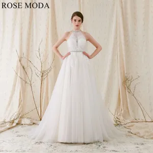 Rosemoda Boho Crystal Halter A Line Wedding Dress