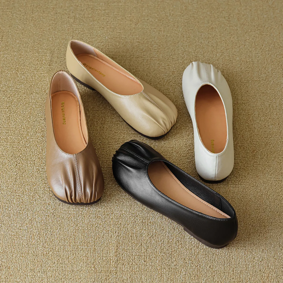 Ruched Soft Leather Ballet Flats