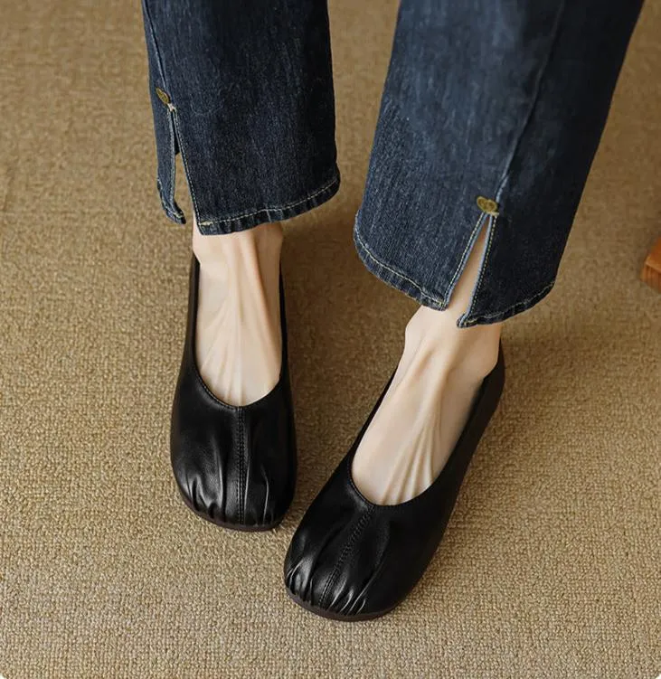 Ruched Soft Leather Ballet Flats