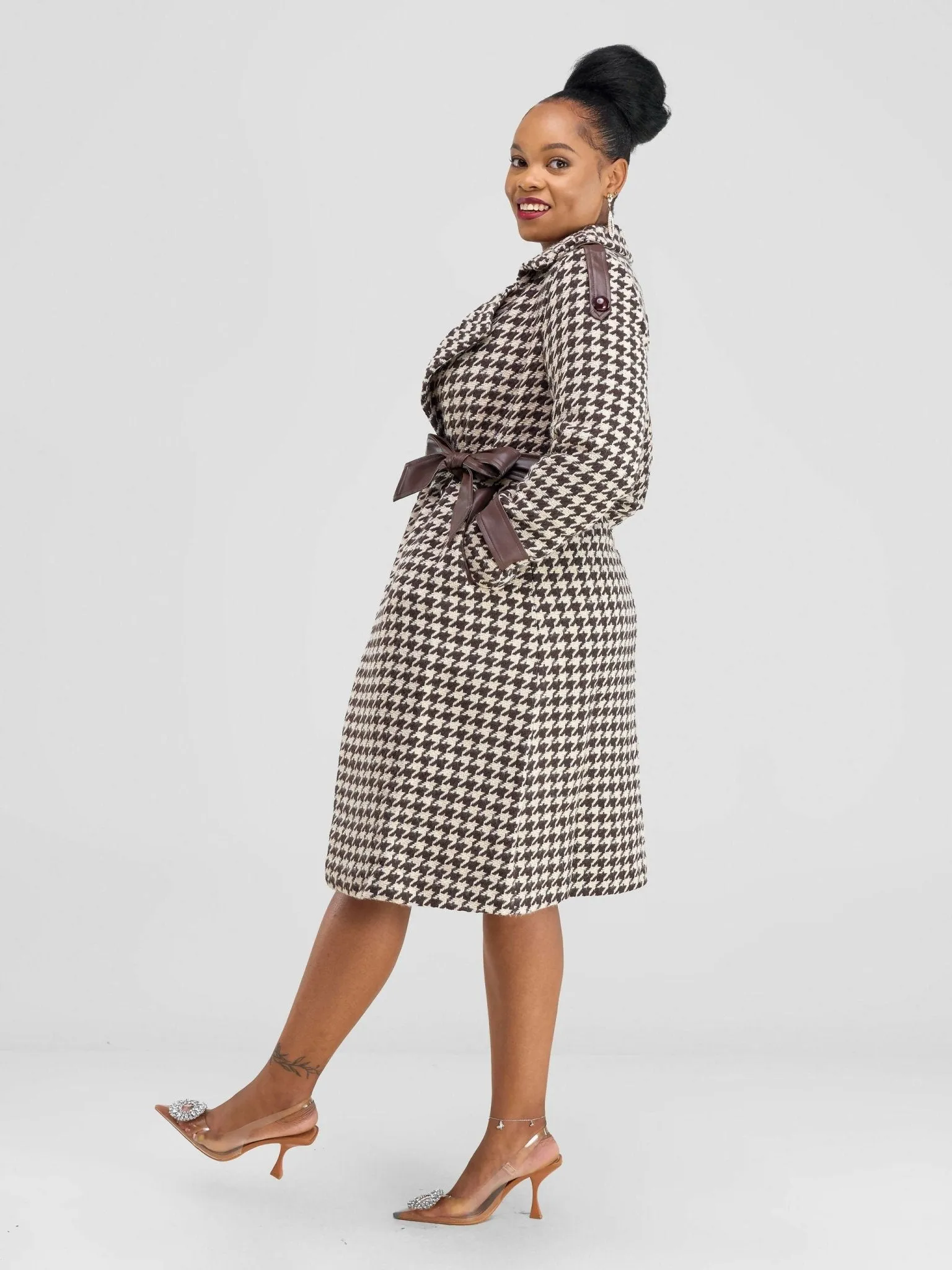 Stylish Sisters Houndstooth Trench-Coat Jacket - Brown / White